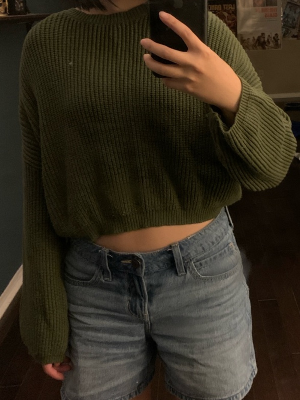 Olive Green Cropped Rib-Knit Sweater